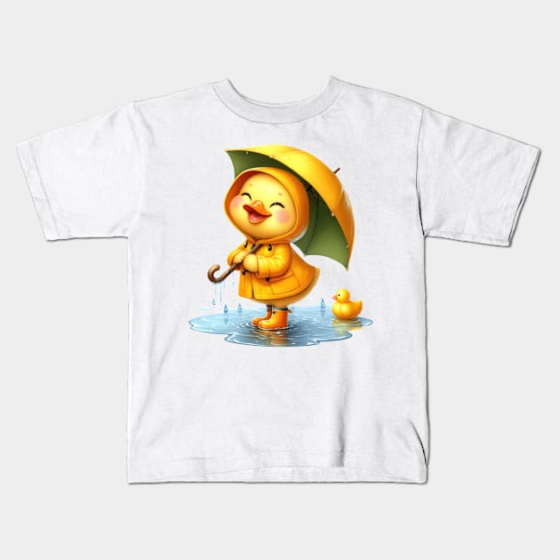 Cute Duck in the Rain Kids T-Shirt by 1AlmightySprout